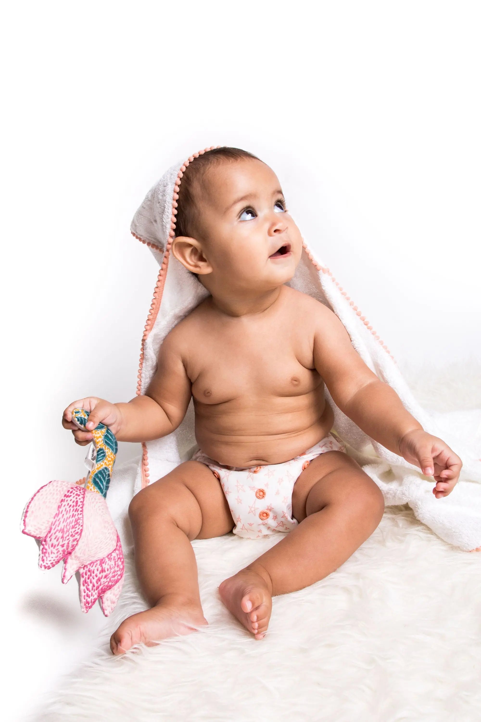 3 Pc Newborn Essential Set - Hooded Towel, Swaddle + Toy Rattle Ivory Meleager